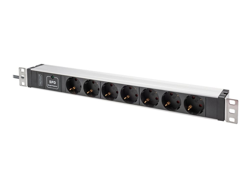 DIGITUS Stromverteilungseinheit (Rack - einbaufähig) - mit Aluminiumprofil, Überspannungsschutz - Wechselstrom 230 V - 3600 VA - 1-phasig - Eingabe, Eingang power CEE 7/7 - Ausgangsanschlüsse: 7 (power CEE 7/3)